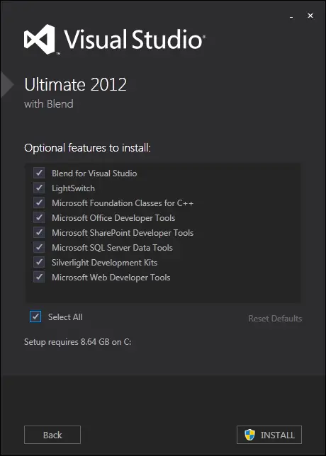 Visual Studio Optional Features